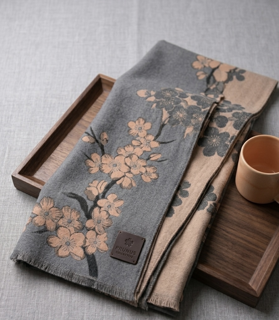 REVERSIBLE WOOL AND VISCOSE STOLE FEATURE A JAPANESE INSPIRED CHERRY BLOSSOM SCARF - Image 2