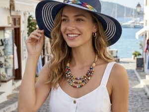 WOMEN’S WIDE BRIM SUN HAT WITH BEADED TRIBAL BAND & STRIPED BRIM