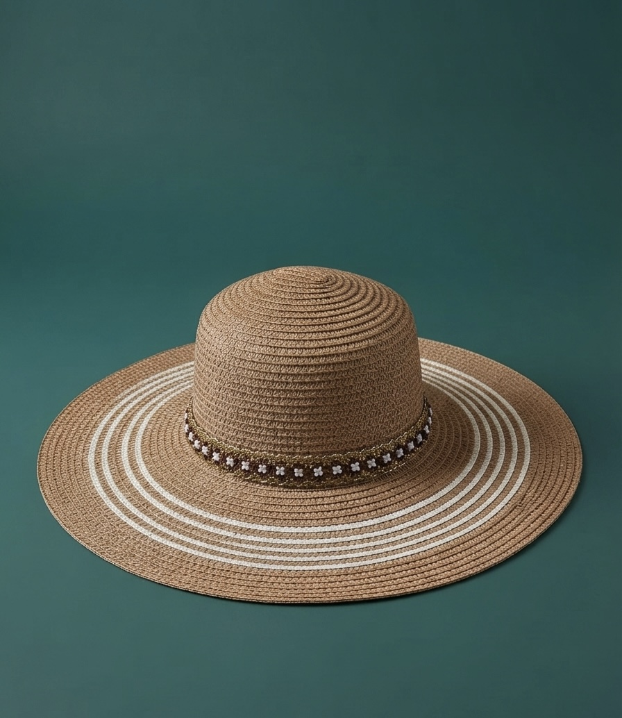 BEADED STRAW SUN HAT WITH A DISTINCTIVE BRAIDED TRIM AND WHITE STRIPED DETAILS - Image 2